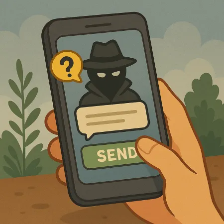 Ruka drži pametni telefon koji prikazuje maskiranu osobu u kabanici i šeširu, predstavljajući anonimnog pošiljatelja. Vidljiv je balon s pitanjem, kao i zeleni gumb označen 'POŠALJI', sugerirajući slanje anonimne poruke.