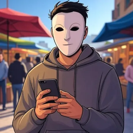Mlad čovjek u animiranom stilu s bijelom maskom i sivom duksericom, gleda svoj telefon na otvorenom tržištu.