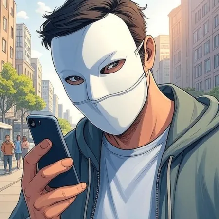 Muškarac s bijelom maskom i kapuljačom gleda svoj mobilni telefon na ulici. Slika je napravljena u stilu crtanog filma ili stripa.