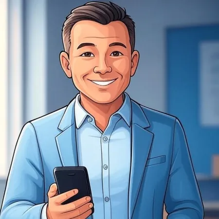 Ilustracija poslovnog čovjeka u plavom odijelu koji se smiješi i drži pametni telefon.