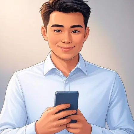 Ilustracija nasmijanog poslovnog čovjeka u plavom odijelu koji drži pametni telefon.