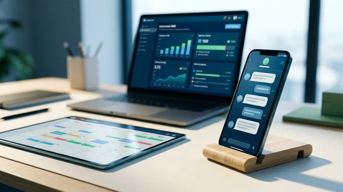 Slika podijeljena na dva dijela koja prikazuje pametni telefon: lijevo, sučelje za poruke s opcijom zakazivanja slanja, i desno, obavijest o podsjetniku na drvenom stolu.