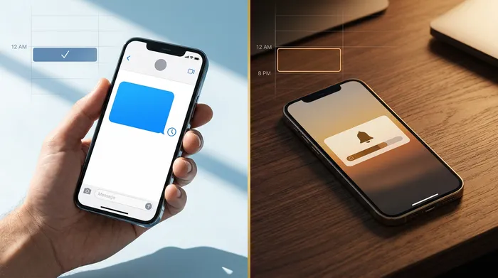 Pametni telefon s prikazanom aplikacijom za poruke na pultu frizerskog salona od svijetlog drva, uz profesionalne škare i kozmetičke proizvode u pozadini.