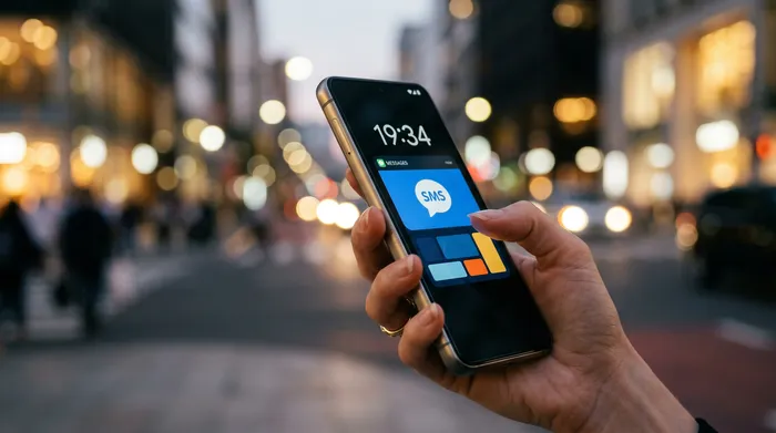 Osoba drži pametni telefon s prikazanom aplikacijom za poruke, sjedi za stolom s prijenosnim računalom, bilježnicom i šalicom kave.