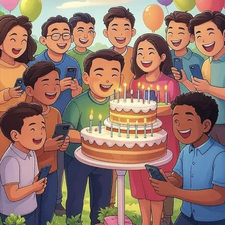 Grupa nasmijanih ljudi oko velikog dvokatnog torte s nekoliko upaljenih svjećica, dok fotografiraju svojim telefonima.