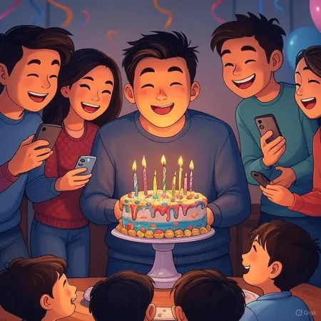 Ilustracija rođendana na kojem muškarac s osmijehom drži tortu ukrašenu upaljenim svjećicama, okružen prijateljima i bližnjima koji slikaju svojim telefonima.