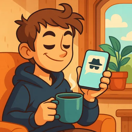Ilustracija mladog muškarca koji se smiješi, udobno sjedi s šalicom kave, drži pametni telefon koji prikazuje ikonu anonimne poruke s šeširom i crnim naočalama