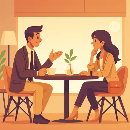 Ilustracija dvoje ljudi koji razgovaraju licem u lice u kafiću, muškarac u odijelu i žena u ležernom, ali elegantnom odijelu, sjede za stolom s malom biljkom u sredini